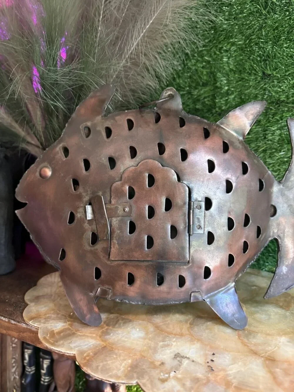Metal Fish Candle Lantern LED Tea Light Holder Coastal Decor Folk Art Sculpture